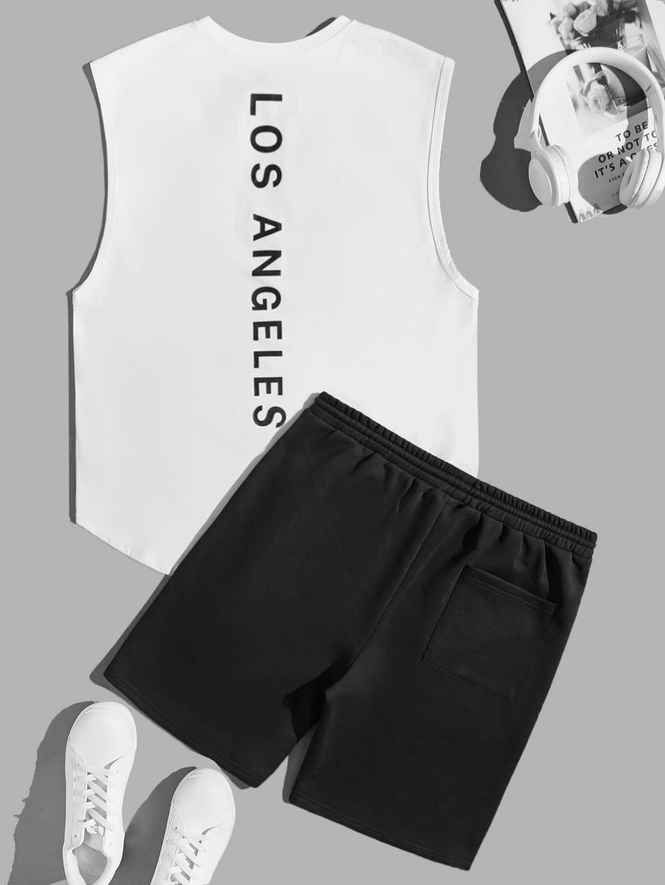 Manfinity RebelGame Men Letter Graphic Tank Top & Track Shorts - Black and White - View 1