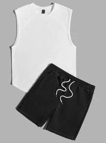 Manfinity RebelGame Men Letter Graphic Tank Top & Track Shorts - Black and White - View 2