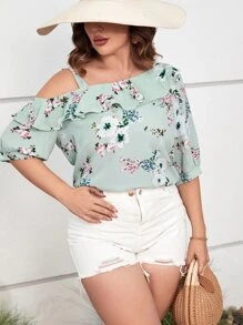 SHEIN Clasi Plus Floral Print Asymmetrical Neck Ruffle Trim Blouse - Mint Green - View 3