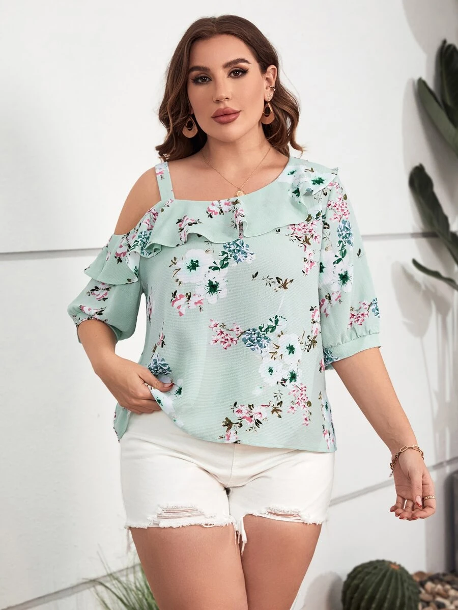 SHEIN Clasi Plus Floral Print Asymmetrical Neck Ruffle Trim Blouse - Mint Green - View 1