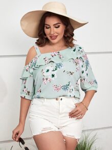 SHEIN Clasi Plus Floral Print Asymmetrical Neck Ruffle Trim Blouse - Mint Green - View 6
