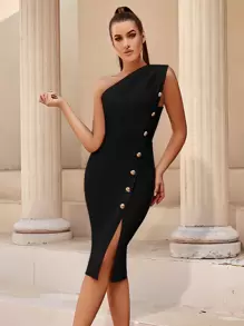 ADYCE One Shoulder Button Detail Split Thigh Cocktail Party Bodycon Bandage Dress - Black - View 3