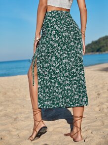 SHEIN VCAY Váy nữ Dây kéo Xù Tách cao Họa tiết hoa Boho - Màu xanh lá cây đậm - Xem 2