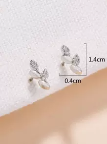 Nooxian 2pcs Cubic Zirconia Leaf Decor Stud Earrings - Silver - View 4