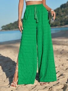 SHEIN VCAY Solid Tie Waist Split Hem Wide Leg Trousers - Green - View 1