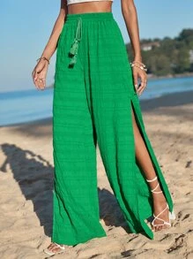 SHEIN VCAY Solid Tie Waist Split Hem Wide Leg Trousers - Green - View 3