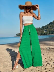 SHEIN VCAY Solid Tie Waist Split Hem Wide Leg Trousers - Green - View 5