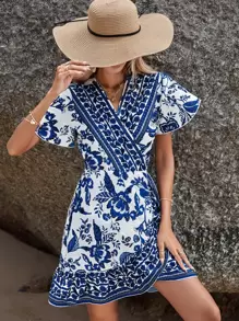 SHEIN VCAY Floral Print Surplice Neck Dress