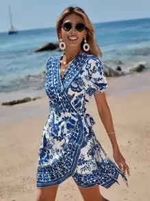 SHEIN VCAY Floral Print Surplice Neck Dress