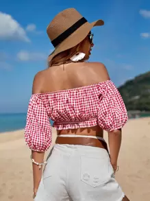 SHEIN VCAY Gingham Off Shoulder Puff Sleeve Crop Top - Red and White - View 1