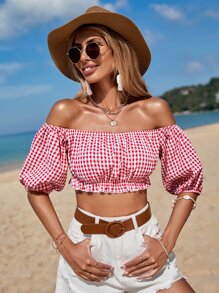 SHEIN VCAY Gingham Off Shoulder Puff Sleeve Crop Top - Red and White - View 6