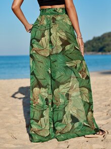SHEIN VCAY Tropical Print Belted Split Thigh Wide Leg Pants - Black - View 2
