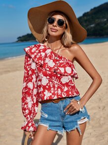 SHEIN VCAY Floral Print One Shoulder Ruffle Trim Blouse - Red and White - View 1