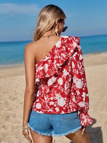 SHEIN VCAY Floral Print One Shoulder Ruffle Trim Blouse - Red and White - View 2