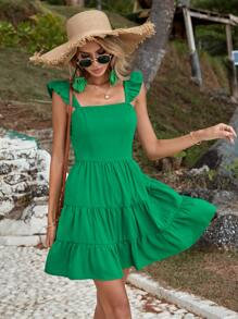 SHEIN VCAY Đầm Lộ Lưng Xù Viên lá sen Dây kéo màu trơn Boho - màu xanh lá - Xem 4