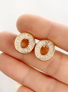 Cubic Zirconia Oval Stud Earrings - Yellow Gold - View 2