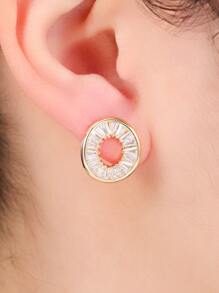 Cubic Zirconia Oval Stud Earrings - Yellow Gold - View 5