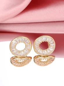 Cubic Zirconia Oval Stud Earrings - Yellow Gold - View 6