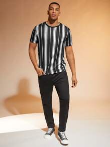 Manfinity Hombres Camiseta con estampado de rayas - Blanco y Negro - Ver 4