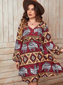 SHEIN LUNE Vestido con estampado geométrico con elefante de manga farol - Multicolor - Ver 1