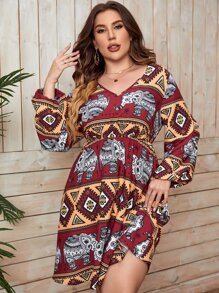 SHEIN LUNE Vestido con estampado geométrico con elefante de manga farol - Multicolor - Ver 4