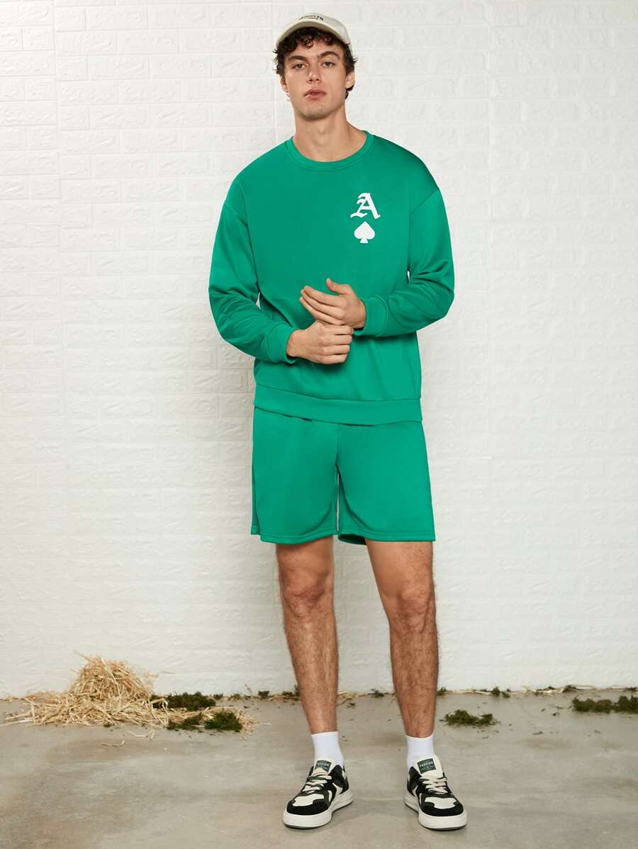 Manfinity Men Playing Card Print Drop Shoulder Sweatshirt & Shorts - Green - View 1