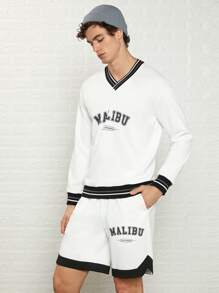 Manfinity Men Letter Graphic Striped Trim Pullover & Track Shorts Set - White - View 1