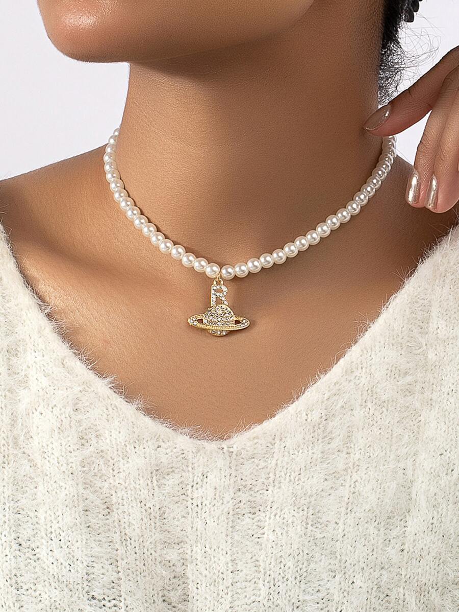 Rhinestone Planet Charm Faux Pearl Beaded Necklace - Yellow Gold - View 1