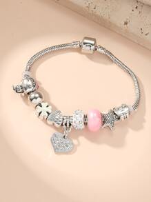 Pulsera con diamante de imitación con accesorio de corazón - Rosa - Ver 1
