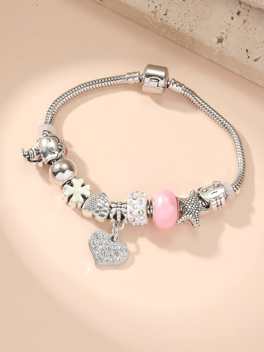 Pulsera con diamante de imitación con accesorio de corazón - Rosa - Ver 1
