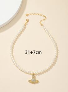 Rhinestone Planet Charm Faux Pearl Beaded Necklace - Yellow Gold - View 3