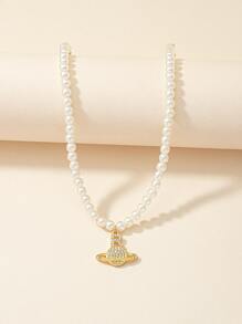 Rhinestone Planet Charm Faux Pearl Beaded Necklace - Yellow Gold - View 2