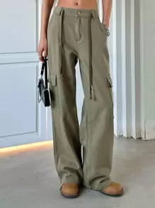 DAZY Flap Pocket Drawstring Detail Cargo Jeans - Army Green - View 1