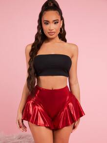 SHEIN SXY 素色荷葉邊短褲 - 紅色 - 查看 3