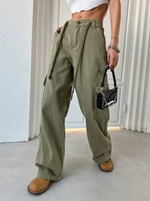 DAZY Flap Pocket Drawstring Detail Cargo Jeans - Army Green - View 4