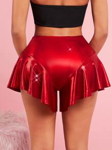 SHEIN SXY 素色荷葉邊短褲 - 紅色 - 查看 5