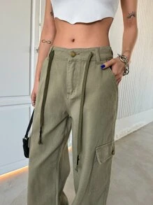 DAZY Flap Pocket Drawstring Detail Cargo Jeans - Army Green - View 5