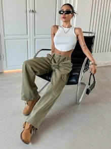 DAZY Flap Pocket Drawstring Detail Cargo Jeans - Army Green - View 8