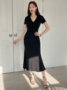 DAZY Vestido de escote cruzado con dobladillo de cola de sirena, vestido de verano, ropa de vuelta al colegio - Negro - Ver 5