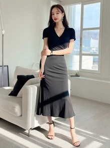 DAZY Vestido de escote cruzado con dobladillo de cola de sirena, vestido de verano, ropa de vuelta al colegio - Negro - Ver 3