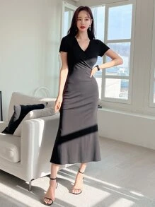 DAZY Vestido de escote cruzado con dobladillo de cola de sirena, vestido de verano, ropa de vuelta al colegio - Negro - Ver 6