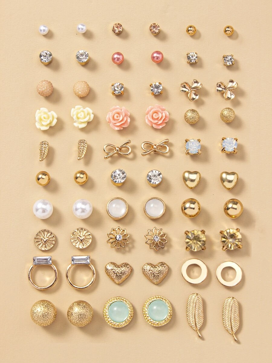 30 đôi bông tai trang trí bằng đá giả và ngọc trai nhân tạo - Nhiều màu - Xem 1