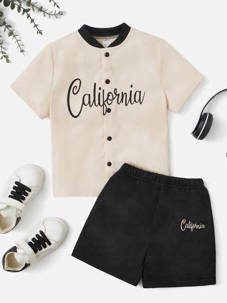 SHEIN 小男童字母圖案棒球領襯衫和短褲