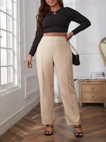 SHEIN Essnce Plus High Waist Seam Detail Trousers - Apricot - View 3