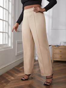 SHEIN Essnce Plus High Waist Seam Detail Trousers - Apricot - View 4