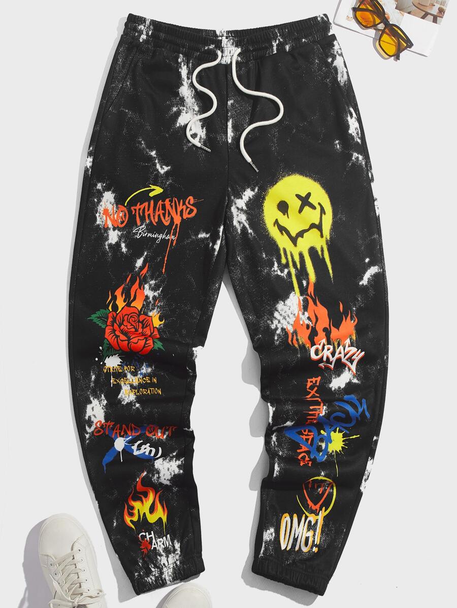 Manfinity VCAY Men Tie Dye & Cartoon Graphic Drawstring Waist Joggers - Black - View 1
