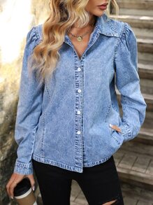 Puff Sleeve Denim Shirt - Light Wash - View 1