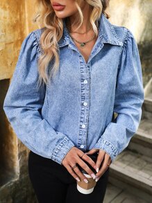 Puff Sleeve Denim Shirt - Light Wash - View 2