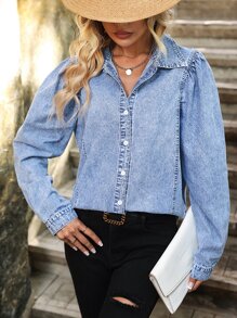 Puff Sleeve Denim Shirt - Light Wash - View 6
