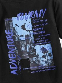 SHEIN 年輕男孩休閒寬鬆舒適城市風景圖案短袖上衣 - 黑色 - 查看 3